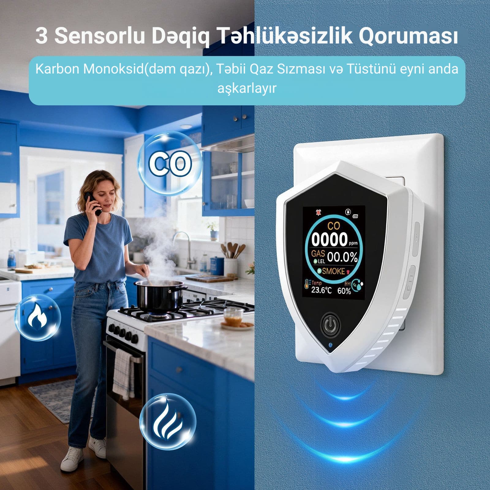 5-i 1-də Ağıllı Təbii Qaz, Tüstü və Dəm qazı Detektoru - PT-12