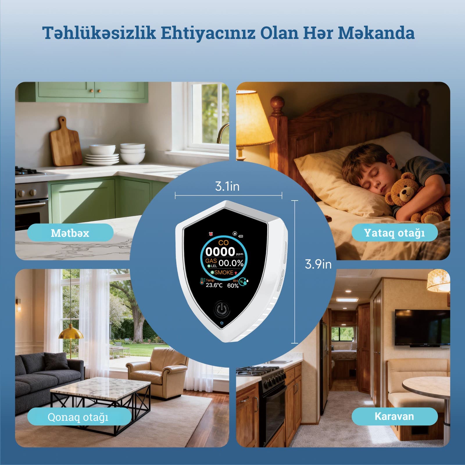 5-i 1-də Ağıllı Təbii Qaz, Tüstü və Dəm qazı Detektoru - PT-12
