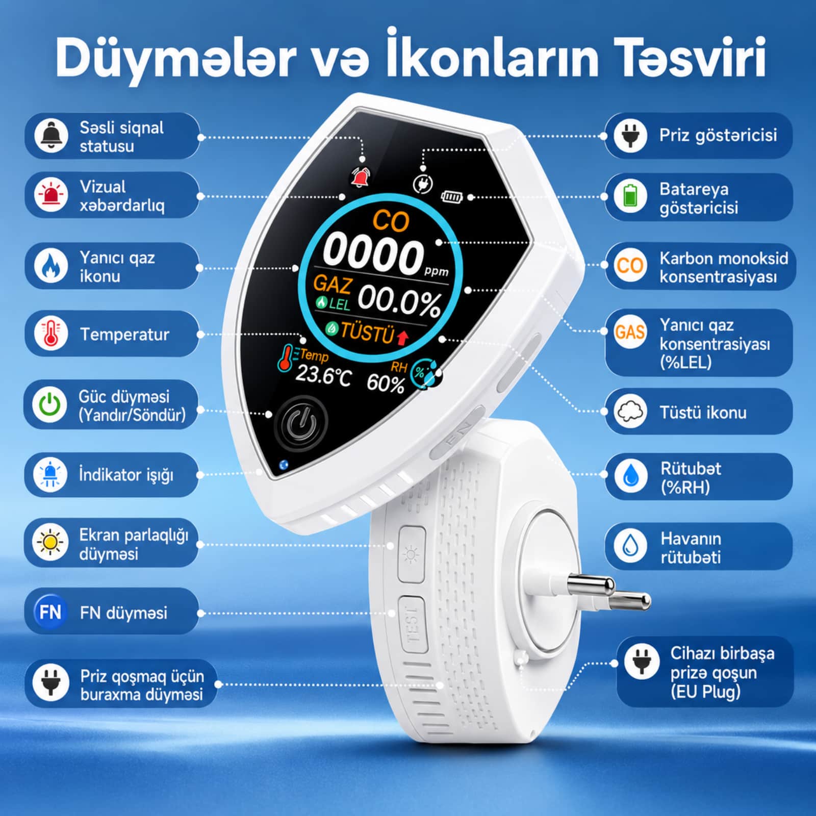 5-i 1-də Ağıllı Təbii Qaz, Tüstü və Dəm qazı Detektoru - PT-12