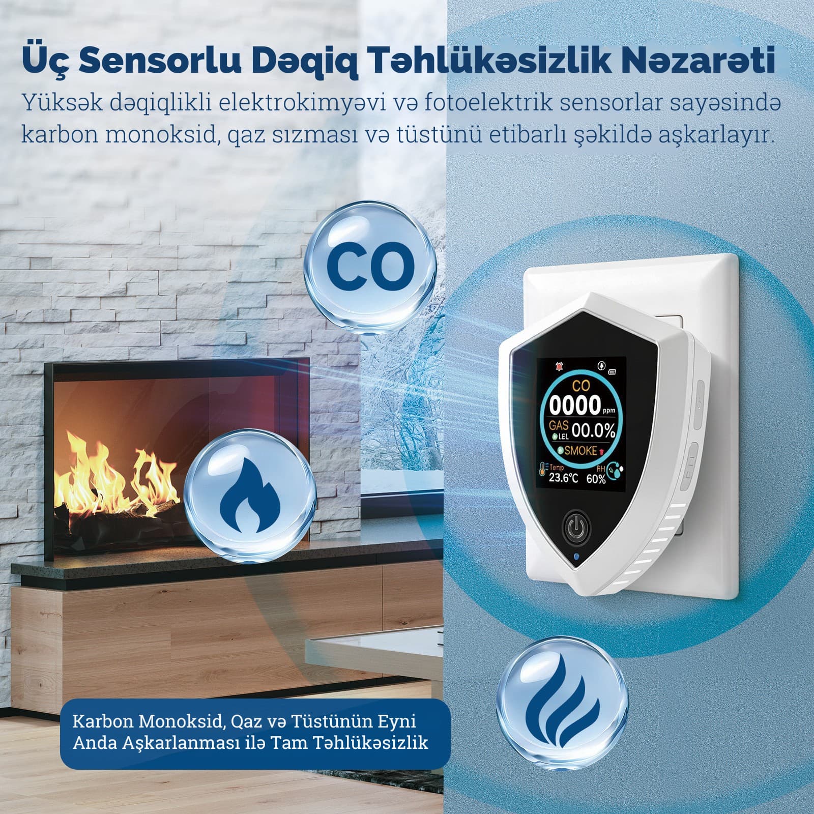 5-i 1-də Ağıllı Təbii Qaz, Tüstü və Dəm qazı Detektoru - PT-12