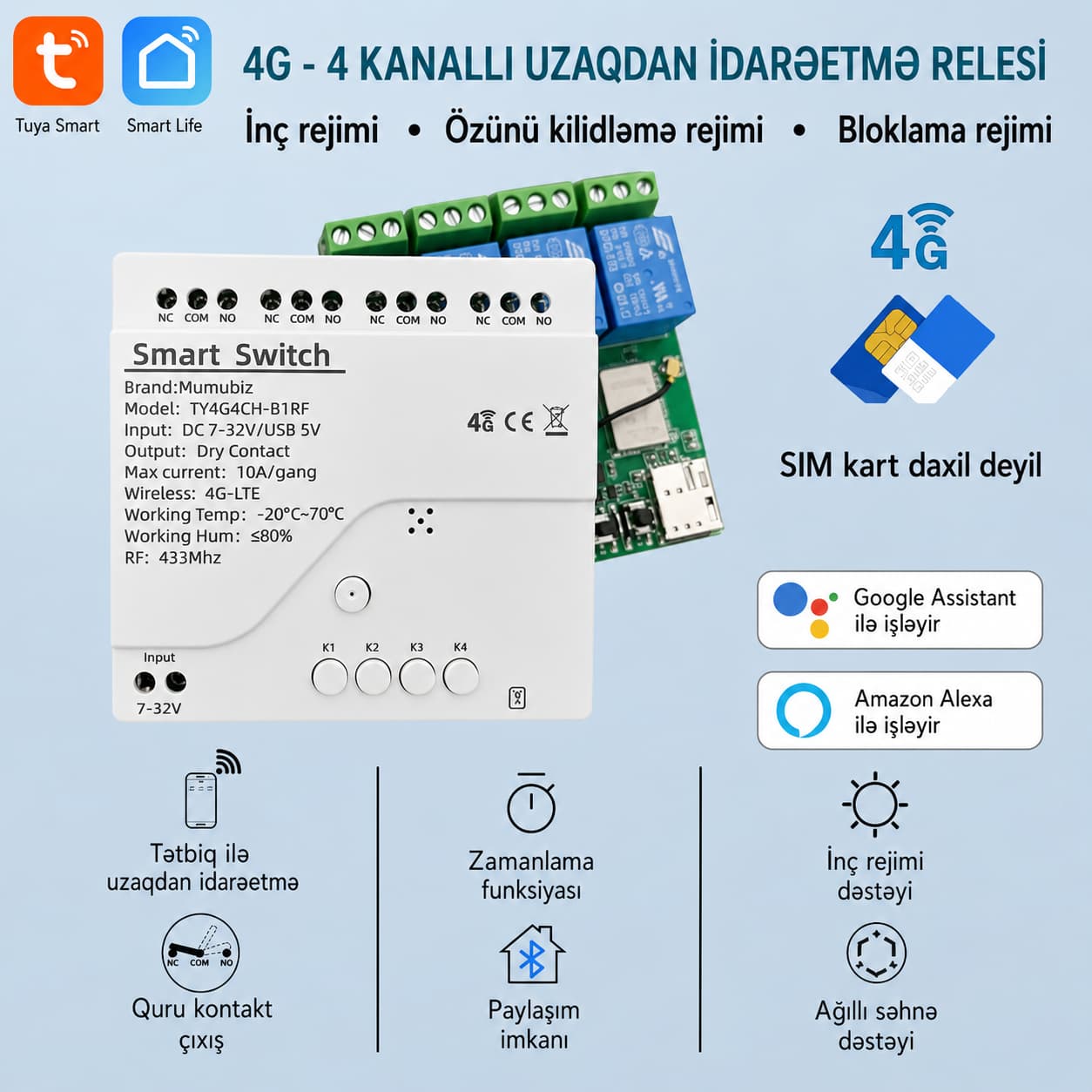 Quru kontakt - 4 çıxışlı 4G LTE Rele